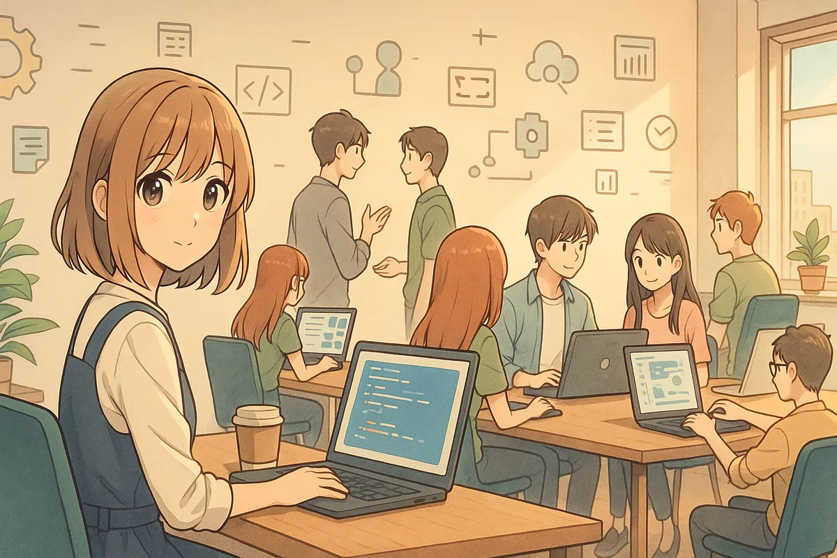未経験からエンジニアを目指す若者が明るいオフィスで働く様子を描いたアニメ風イラスト
