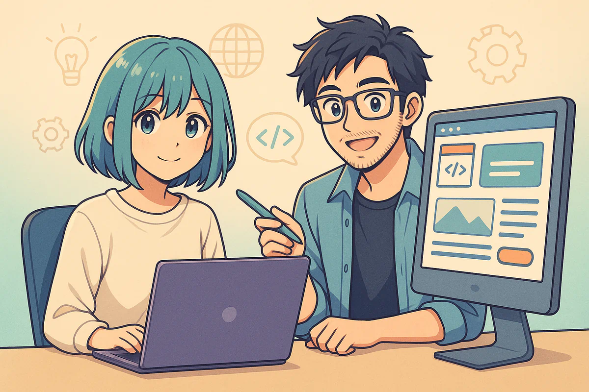 ノートPCとデスクトップを使ってWeb開発に取り組む若い男女エンジニアのアニメ風イラスト